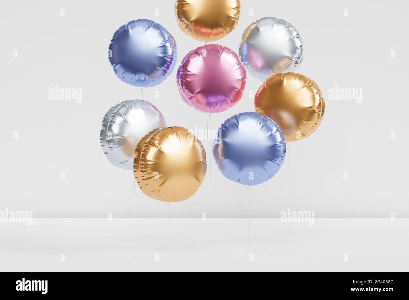 Brillantes globos de colores, fondo para fiesta, cumpleaños, celebración o vacaciones, 3D render realista Foto de stock