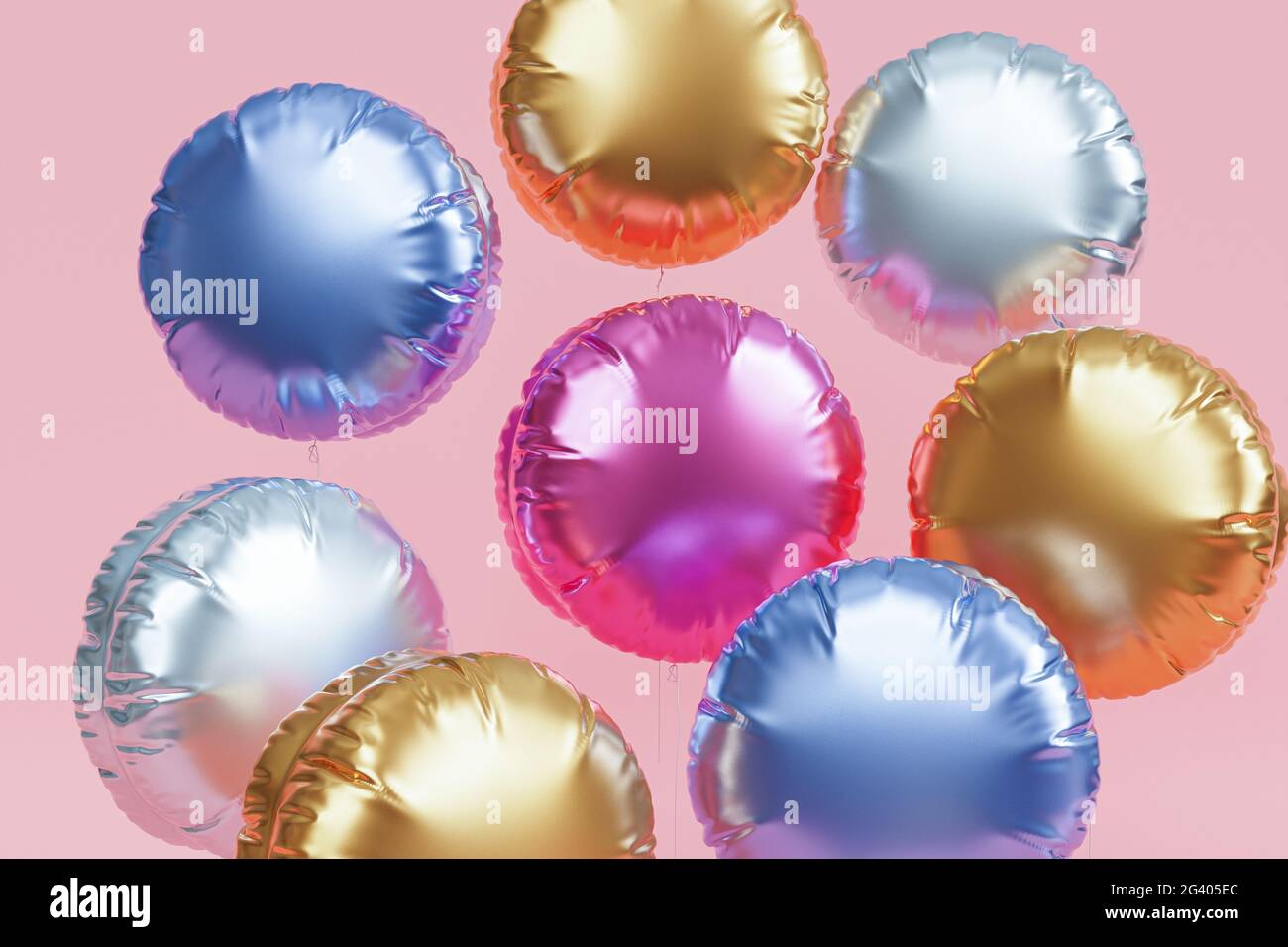 Brillantes globos de colores, fondo rosa para fiestas, cumpleaños, celebraciones o vacaciones, 3D render realista Foto de stock