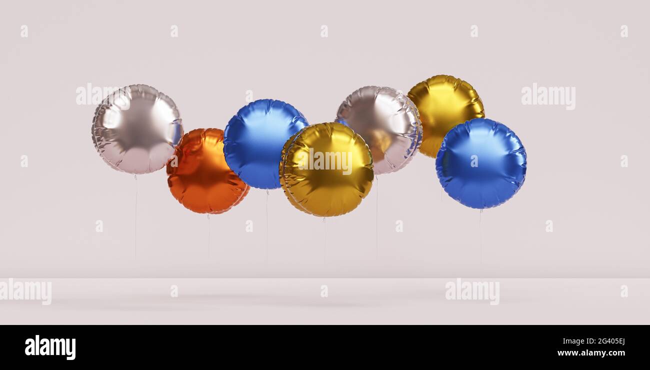Brillantes globos de colores, fondo de bandera beige para fiestas, cumpleaños, celebraciones o vacaciones, 3D render realista Foto de stock