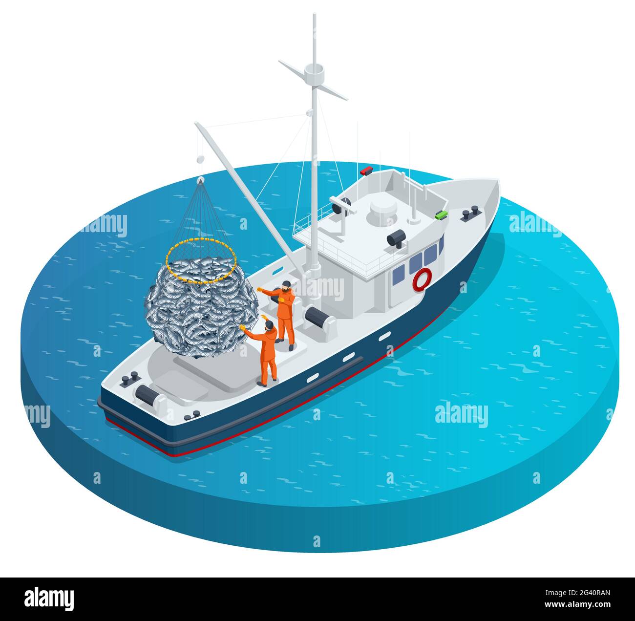 Barco isométrico de la industria del pescado y marisco aislado sobre fondo blanco. Pesca marítima, industria naval, barcos de pesca. Barco de pesca, barco de pesca. Ilustración del Vector