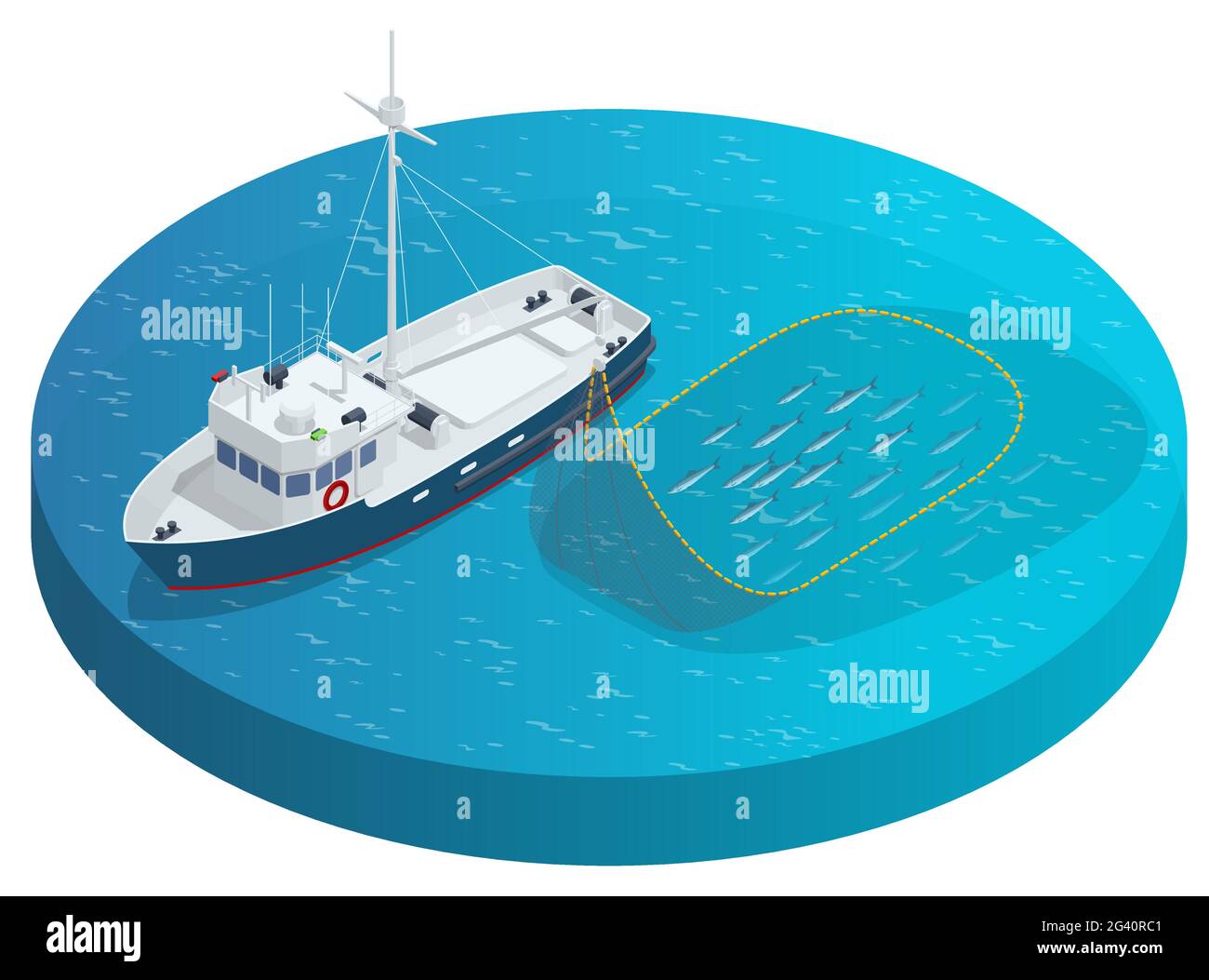 Barco isométrico de la industria del pescado y marisco aislado sobre fondo blanco. Pesca marítima, industria naval, barcos de pesca. Barco de pesca, barco de pesca. Ilustración del Vector