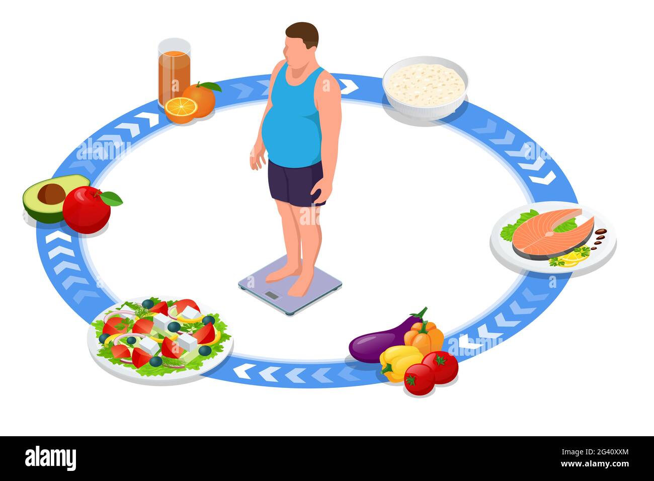 Pérdida de peso. Concepto isométrico de planificación de alimentos y dietas saludables. Alimentación saludable, dieta personal o plan de nutrición de un experto en dietas. Nutrición Ilustración del Vector