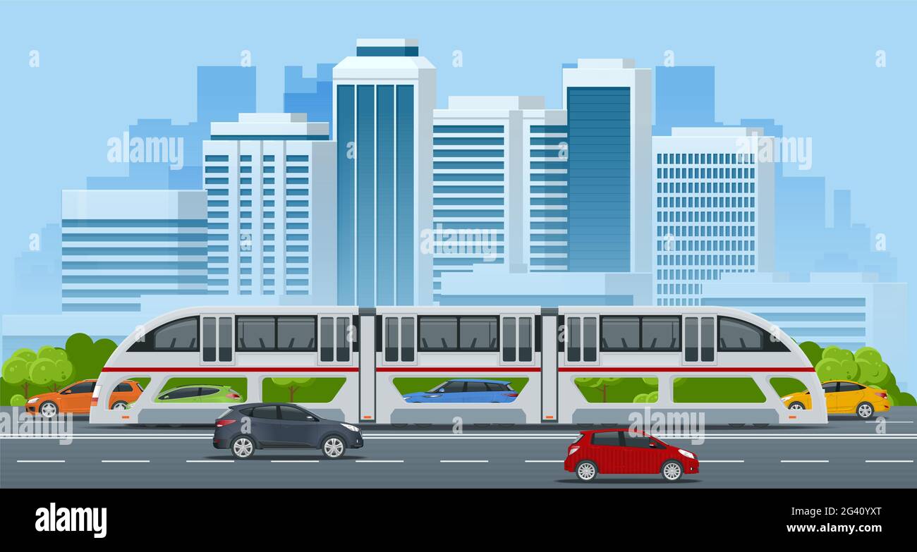 Autobús elevado de tránsito isométrico en China. Autobús a ambos lados, autobús a ambos lados, airbus terrestre, o túnel de autobús Vehículo de carretera diseñado para transportar a muchos pasajeros. Ilustración del Vector