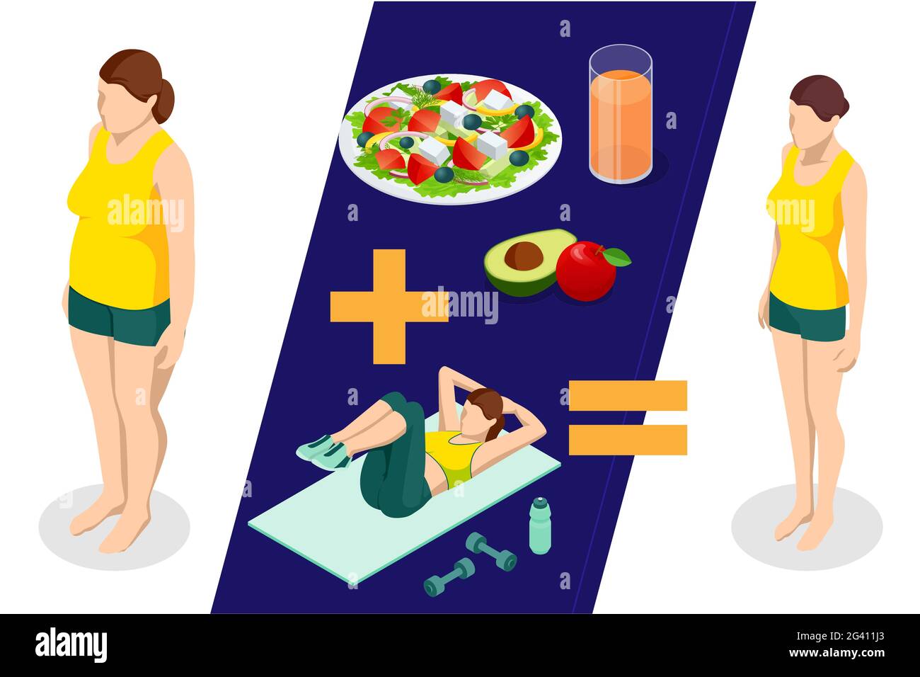 Concepto isométrico de planificación de alimentos saludables y dietas. Alimentación saludable, dieta personal o plan de nutrición de un experto en dietas. Asesoramiento nutricional, plan de dieta Ilustración del Vector