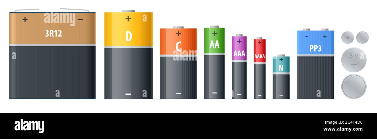Conjunto De Baterías De Diferentes Tamaños. Pilas AAAA, AAA, D, C Y AA.  Ilustraciones svg, vectoriales, clip art vectorizado libre de derechos.  Image 58667806
