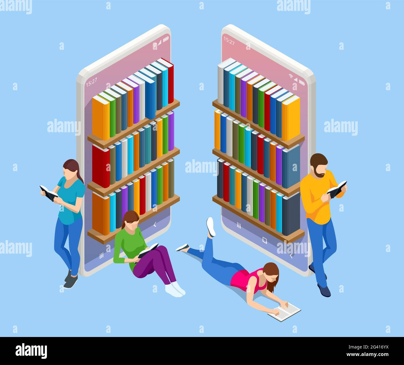 Aplicación de biblioteca en línea isométrica para lectura, concepto de librerías. Aprendizaje electrónico desde casa en línea estudiando en smartphone. Ilustración del Vector
