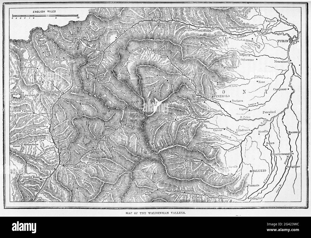 Grabado de los valles habitados por los Waldenses en el norte de Italia, de una publicación en 1878 Foto de stock