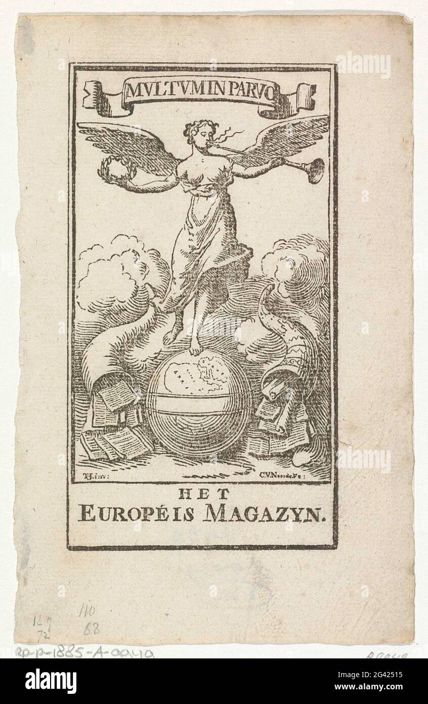 Título de: La Européis Magnyn de asuntos particulares, en el Ryk der Natuur, en las declaraciones, y en el estancamiento de las ciencias, 1754. La fama sopla sobre una trompeta y tiene una corona de laurel en su mano. Ella está en un globo con una cornucopia a ambos lados. Foto de stock