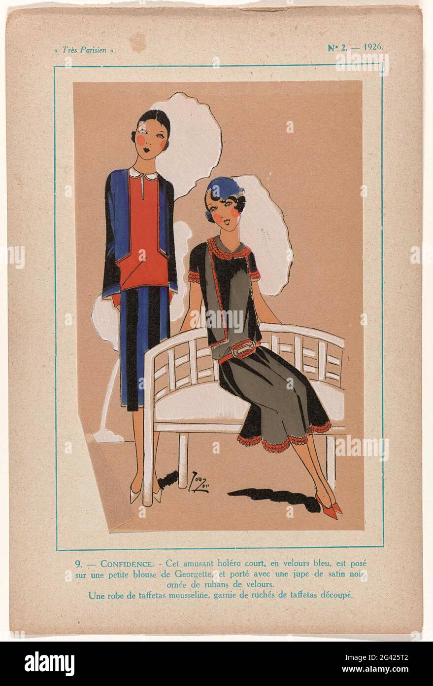 Muy parisino, 1926, No. 2, pl. 9: - Confianza. Set van blusa, bolero en Rok.  Japón Van Tafzijde. Prant UIT Het Modetijdschrift muy parisino ... Moda,  chic, elegancia (1920-1936 Fotografía de stock - Alamy