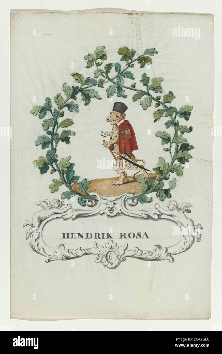 Caricatura de Henrik Rosa; Regtspleging Van Oldenbarnevelt. Caricatura de  Henrik Rosa, juez de Van Oldenbarnevelt; tigre de topos con capó y  mantaleta con arma en corona de hojas y patos de Eike.