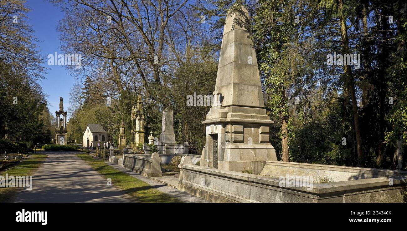 Cementerio de Melaten en primavera, magníficas tumbas en el camino principal, Colonia, Alemania, Europa Foto de stock