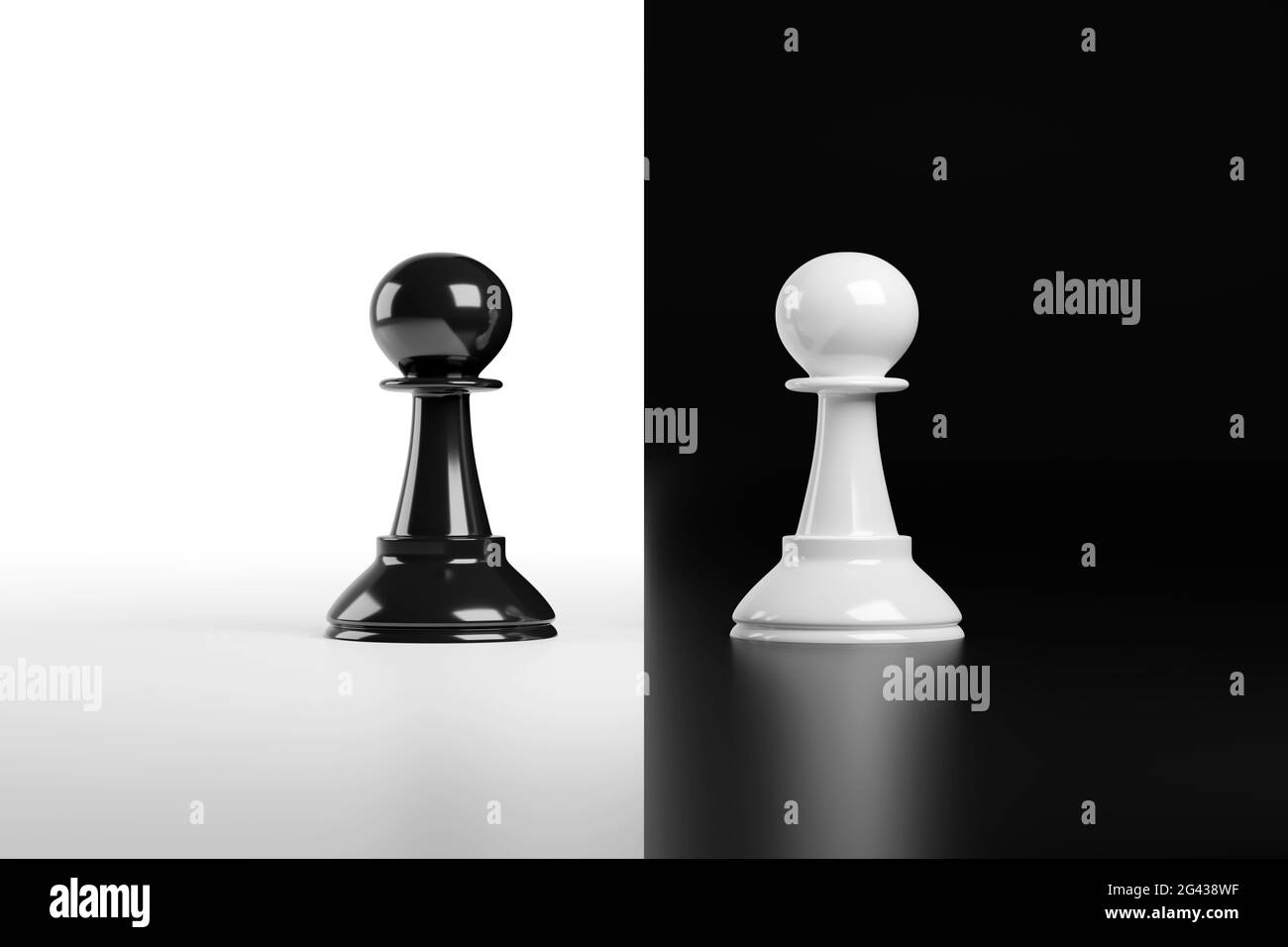 Frente a peones de ajedrez aislados sobre fondo blanco y negro. ilustración 3d. Foto de stock