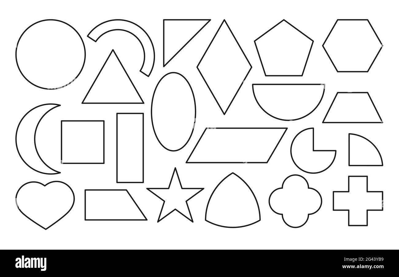 Conjunto de iconos de formas geométricas de contorno negro. Plantilla  lineal Figuras básicas simples. Material educativo para niños. Elementos  como cuadrado y rectángulo, elipse y triángulo. Ilustración de vector  aislado Imagen Vector