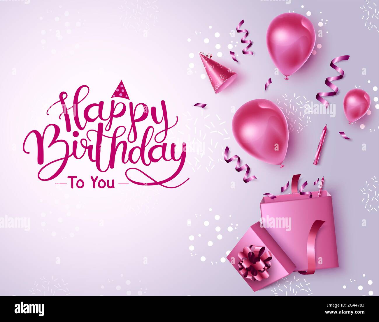 Feliz cumpleaños vector banner de fondo. Feliz cumpleaños para ti texto con  elementos de fiesta sorpresa rosa como globos y confeti dentro de la caja  de regalo Imagen Vector de stock 