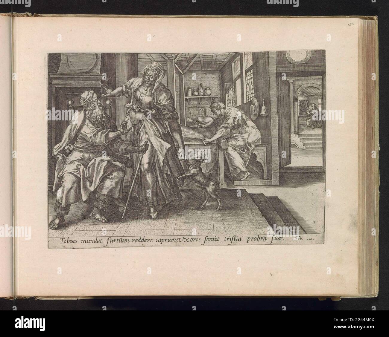 Tobit y Anna con la cabra; Historia de Tobias; Thesaurus Sacrarum  HistoriaRu [M] Veteris Testame [N] Ti, elega [N] Tissimis Imaginibus  Expressu [M] excelle [N] Tissimoru [M] en Hac Arte Viroru [M]