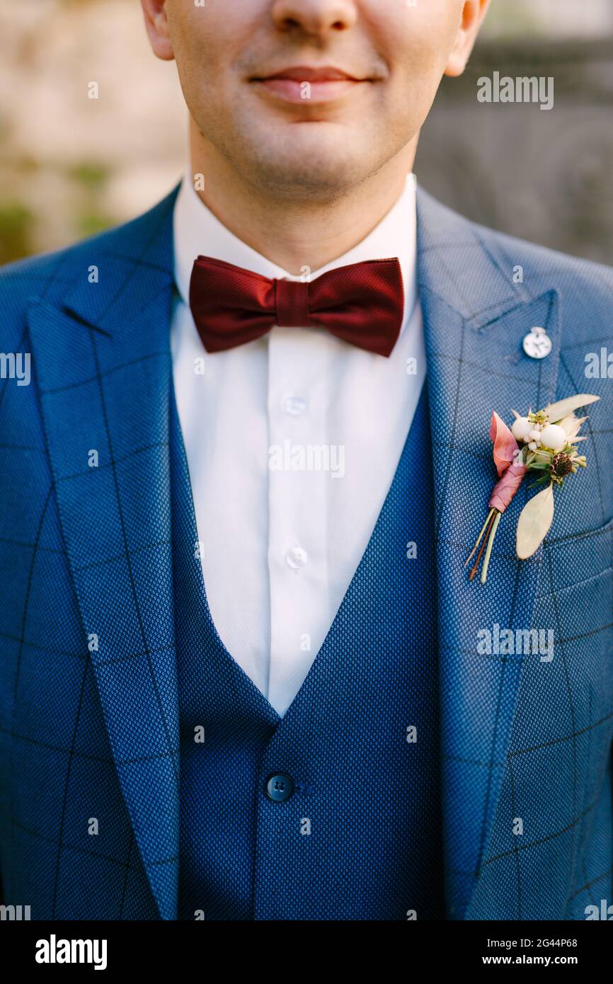 resistirse Personas con discapacidad auditiva salario Novio sonriente en traje azul a cuadros de tres piezas y camisa blanca con pajarita  roja y boutonniere Fotografía de stock - Alamy