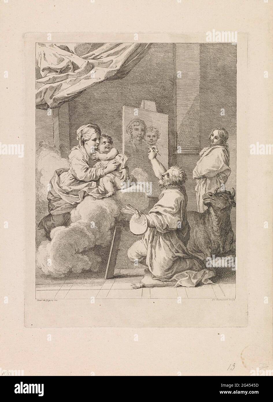 Interpretación fuente arcilla El San Lucas pinta a María con un niño. San Lucas, patrón de los pintores,  está detrás de su caballete. Junto a la caballete están María y el niño  Cristo modelo para