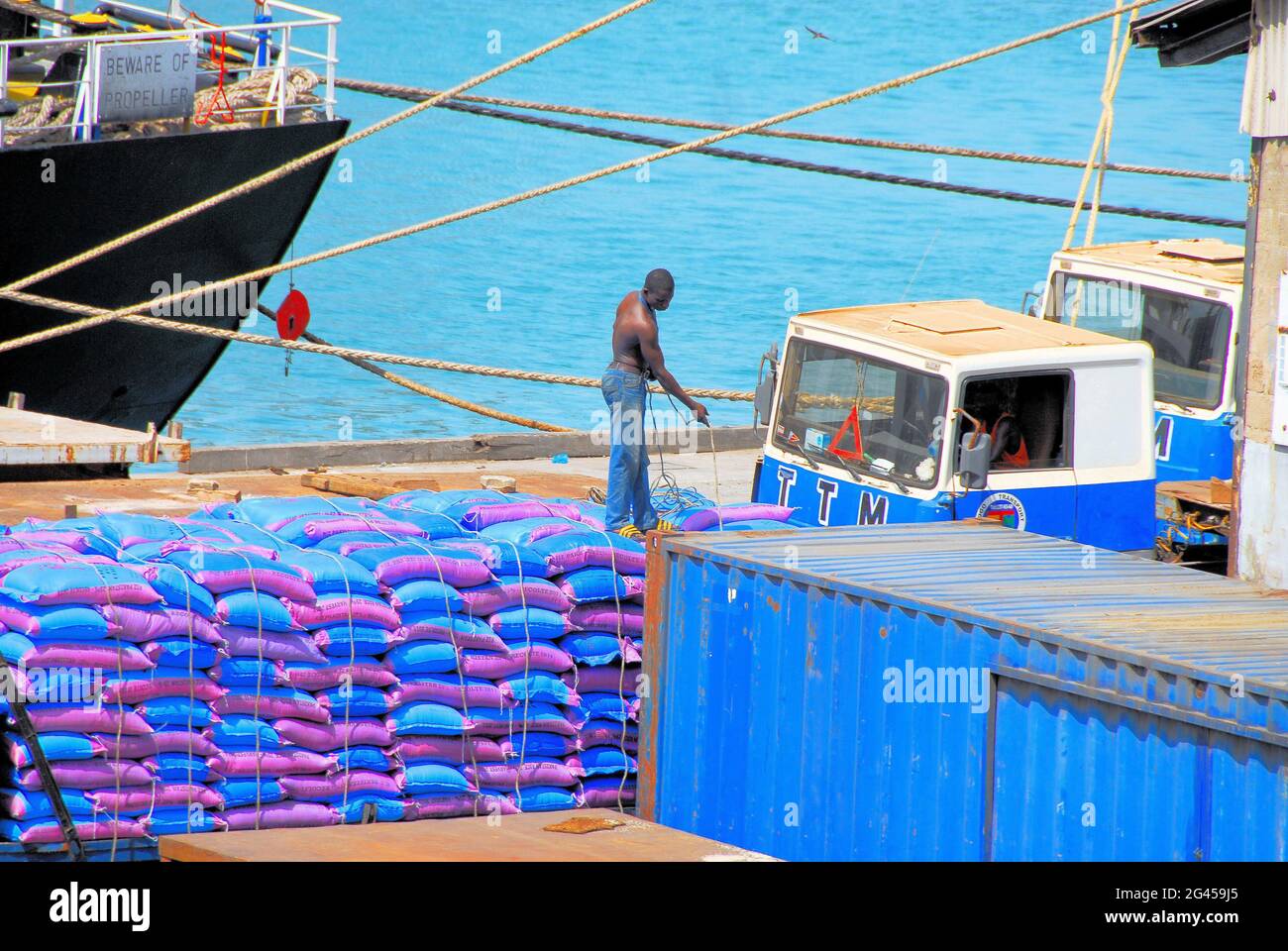 Un hombre cargando un camión con mercancías importadas desde un barco en el Puerto de Lomé, en Togo, África Occidental. Foto de stock
