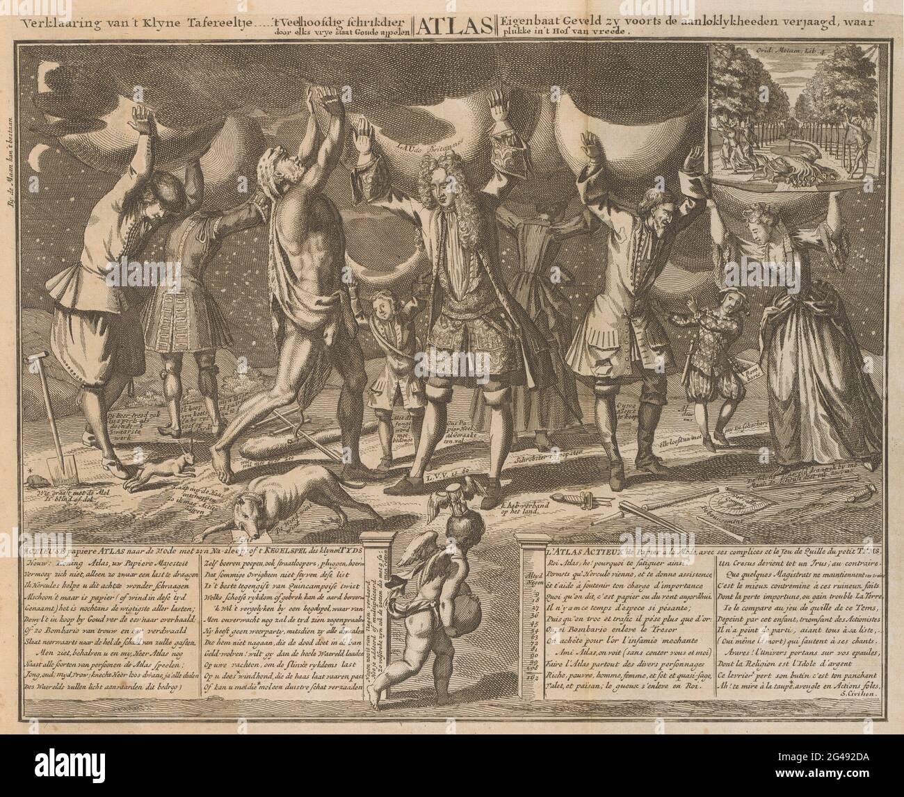 John Law y otros atorming sus deudas en sus hombros, 1720; Actionuse papel  atlas a la moda con su después de pista; o t juego de hueso des  Klelynentypds / l'Atlas Actieux