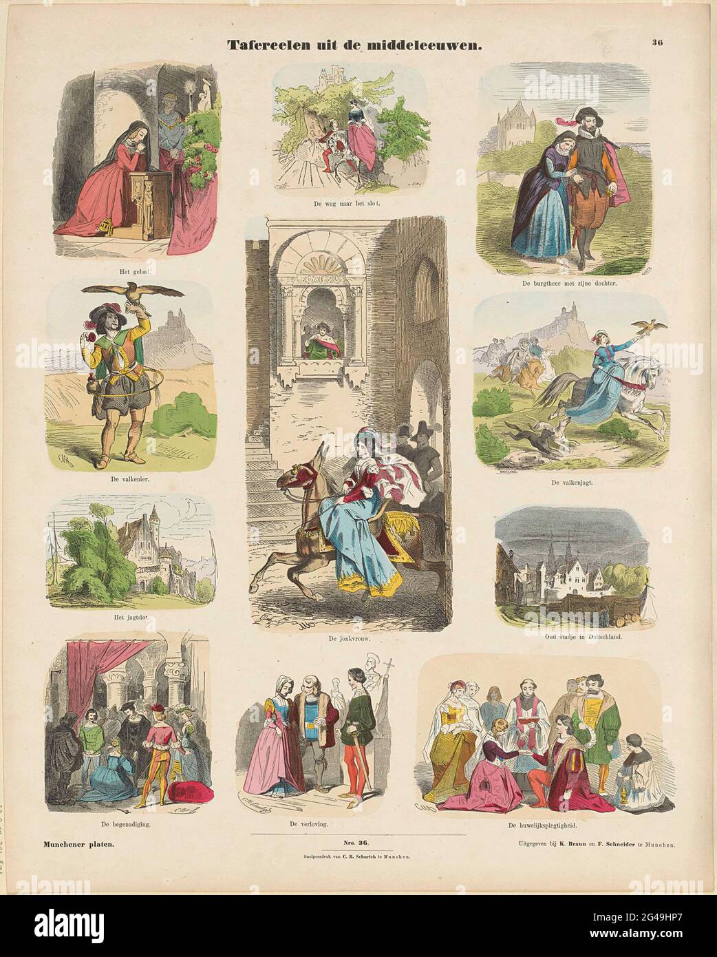 Tangeelen de la Edad Media; placas Munchener. Hoja con 11 escenas  medievales, incluyendo un falconer, una dama a caballo y un matrimonio  medieval. Bajo cada imagen un título. Numerado en el centro