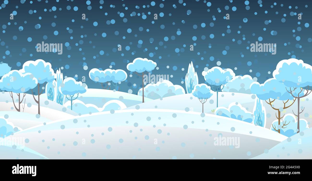Invierno rural. Hermoso paisaje nevado. Noche. Estilo de dibujos animados. Snowdrifts. Colinas y árboles. Nieve. Frío helado. Belleza romántica. Diseño plano Imagen Vector de stock - Alamy Invierno rural. Hermoso paisaje nevado. Noche. Estilo de dibujos animados. Snowdrifts. Colinas y árboles. Nieve. Frío helado. Belleza romántica. Diseño plano Imagen Vector de stock - Alamy