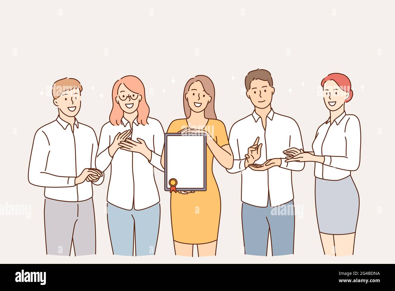 Concepto de trabajo en equipo, logros y éxito. Grupo de jóvenes sonrientes equipo de personajes de dibujos animados de pie con diploma con honores y mirando la cámara Imagen Vector de stock - Concepto de trabajo en equipo, logros y éxito. Grupo de jóvenes sonrientes equipo de personajes de dibujos animados de pie con diploma con honores y mirando la cámara Imagen Vector de stock -