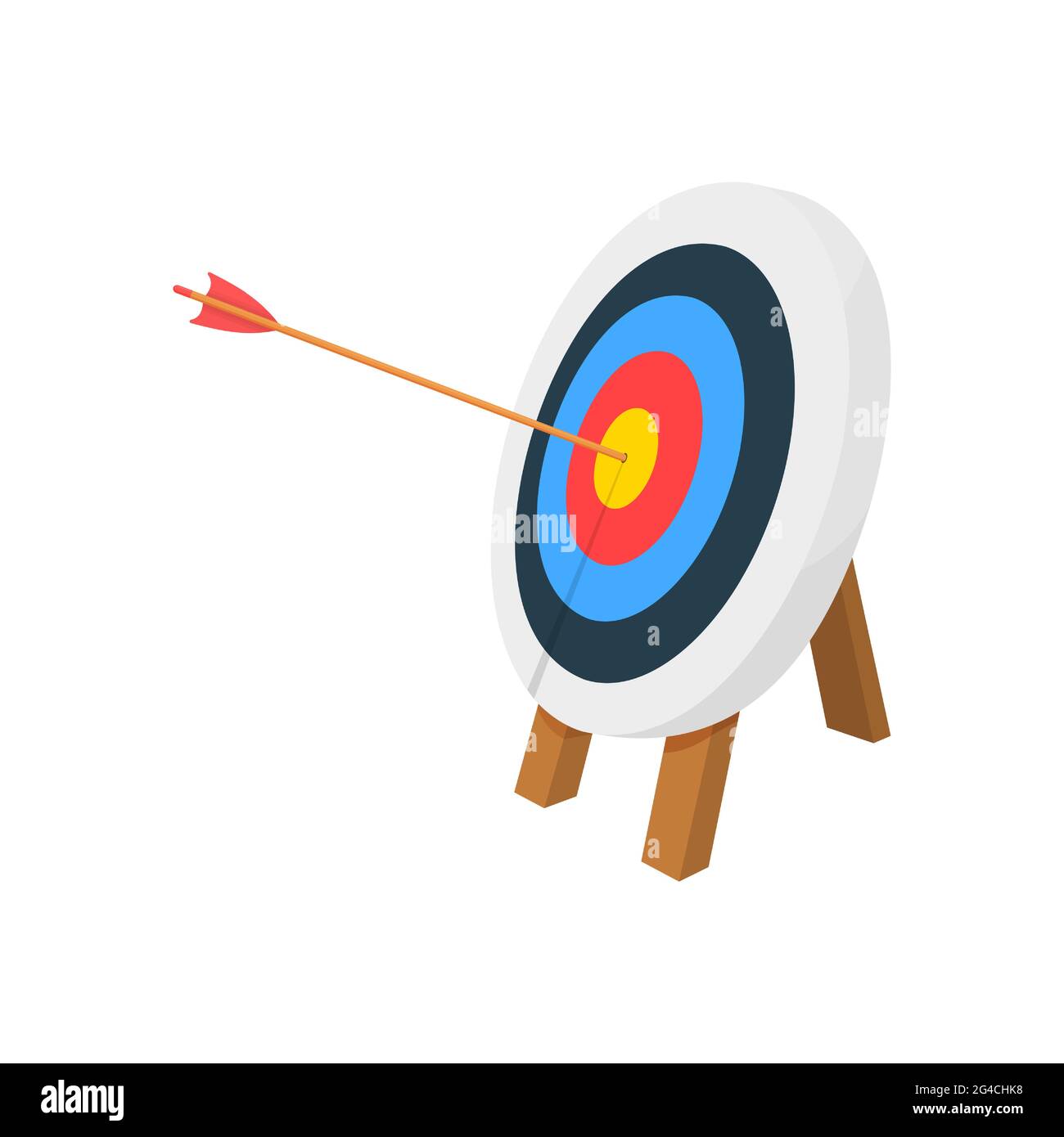 Tiro con arco blanco con flecha golpeando la diana. Diana sobre trípode. Meta Lograr la idea. Símbolo de estrategia de éxito empresarial. Concepto de eficiencia y precisión. Ilustración de dibujos animados vectoriales Tiro con arco blanco con flecha golpeando la diana. Diana sobre trípode. Meta Lograr la idea. Símbolo de estrategia de éxito empresarial. Concepto de eficiencia y precisión. Ilustración de dibujos animados vectoriales