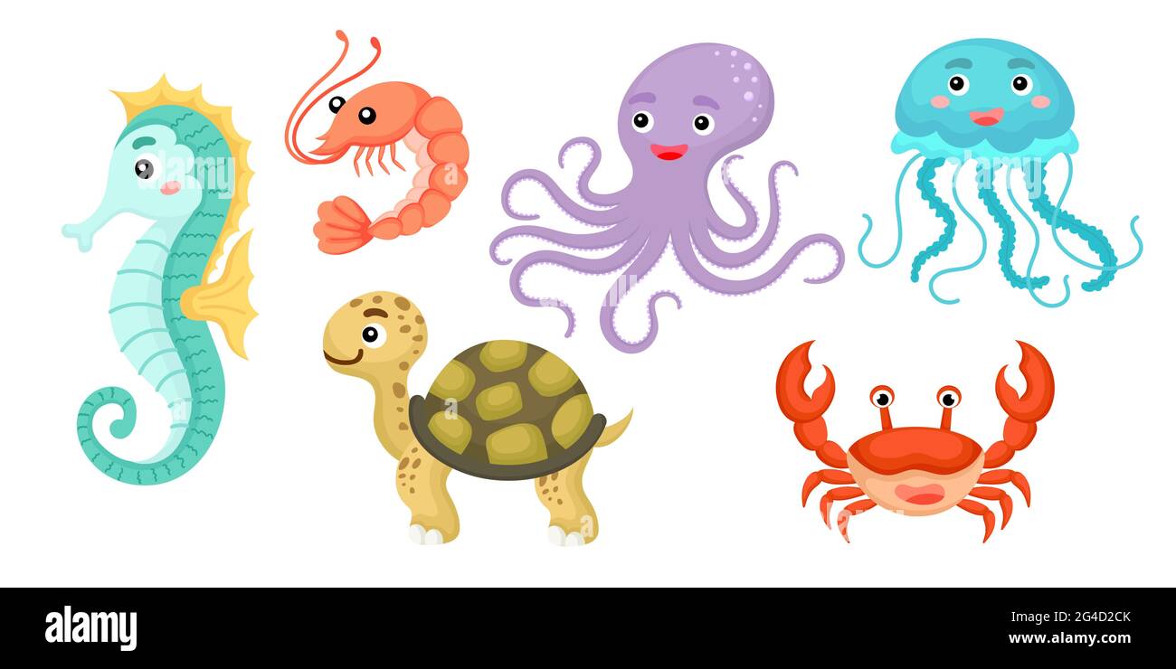 Conjunto de animales marinos en estilo de dibujos animados. Lindos animales  personajes para niños tarjetas, ducha de bebé, invitación de cumpleaños,  interior de la casa. Chiles de colores brillantes Imagen Vector de