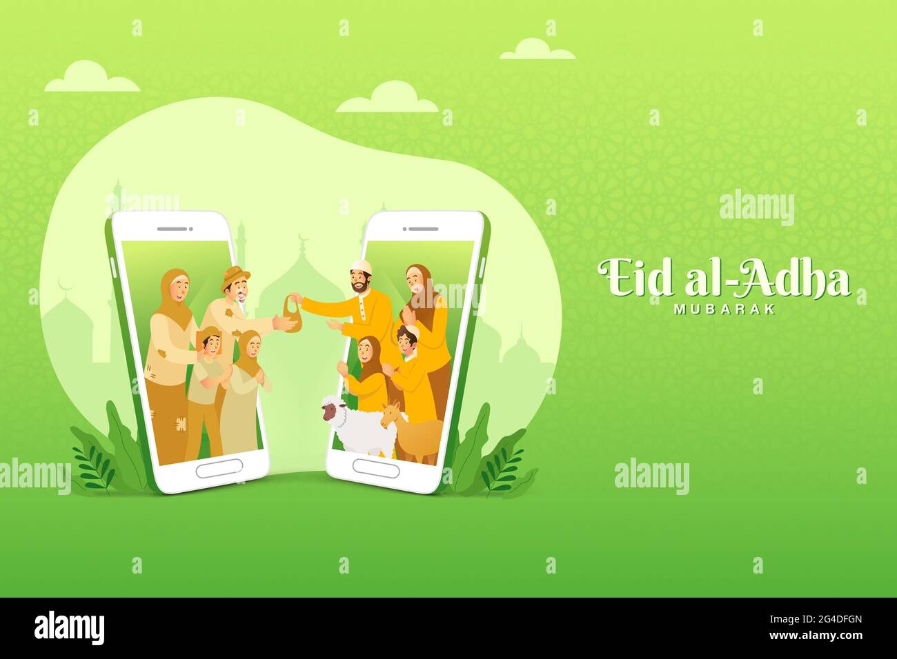 tarjeta de felicitación de eid al adha. familia musulmana compartiendo la carne de animales sacrificados para gente pobre a través del concepto de pantalla de smartphone Ilustración del Vector