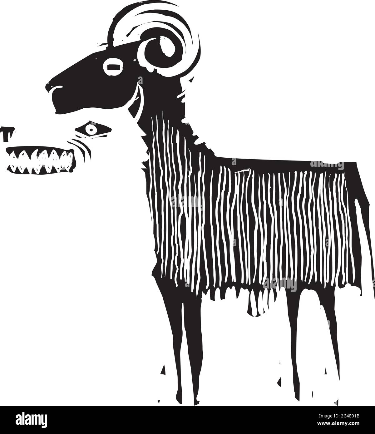 Grabado en madera de estilo expresionista imagen de un lobo en ropa de oveja. Lobo en la piel de carnero. Ilustración del Vector