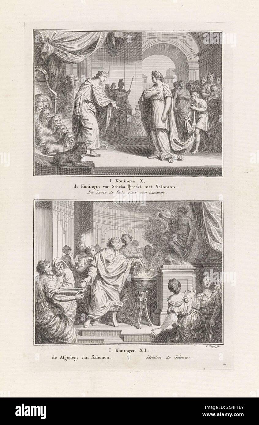 Dos interpretaciones bíblicas. Arriba: El Rey Salomón se encuentra frente a  su trono y da la bienvenida a la Reina de Seba. Abajo: Bajo la influencia  de sus mujeres paganas, Salomón