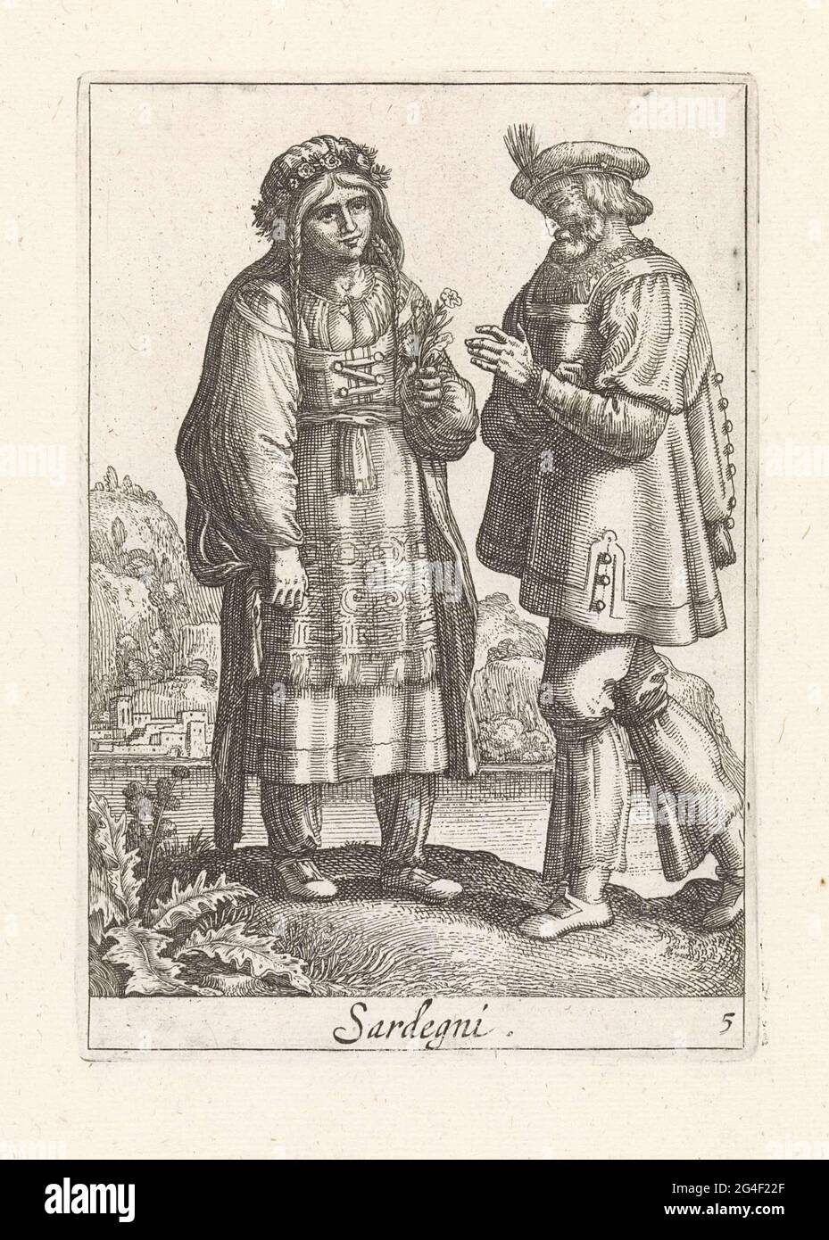 Paisaje con pareja vestido de moda de Cerdeña, Italia. La pareja se gira  una hacia la otra y se muestra completamente. La mujer lleva una mierda de  lana y un sombrero