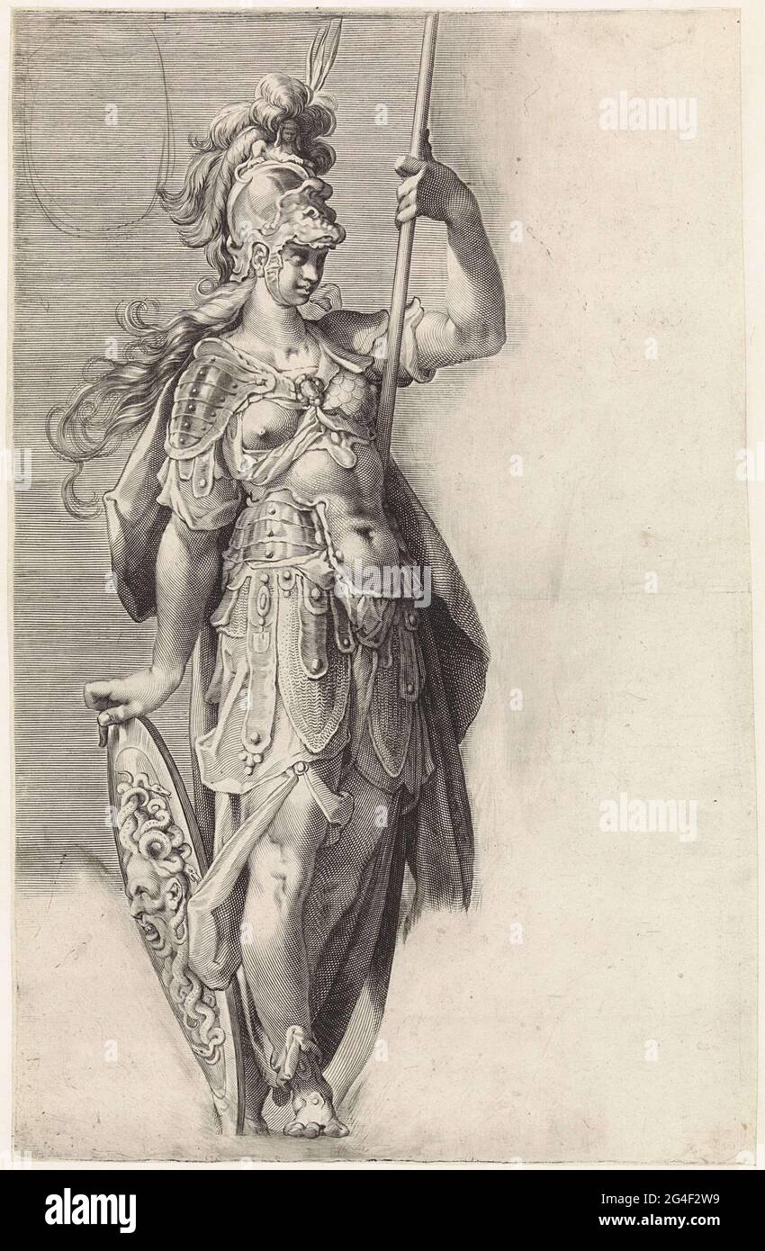 Minerva con el casco en su cabeza, su mano descansando sobre su escudo con  la cabeza de la medusa Fotografía de stock - Alamy