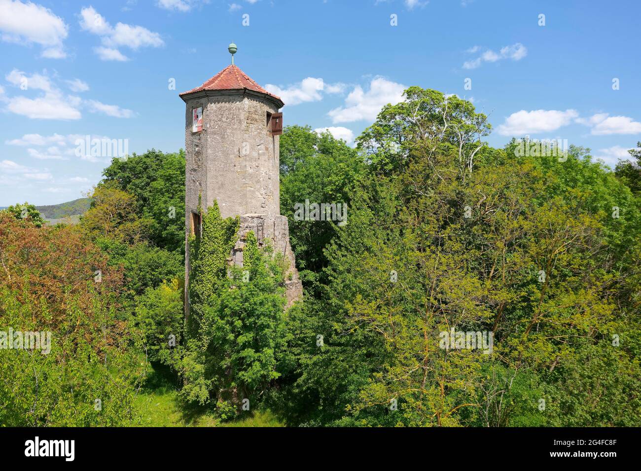 Castillo torre Castell en la montaña del castillo, también castillo estable superior castillo, escalera torre, relict de un castillo alto, siglo 16th, pueblo de vino Castell Foto de stock