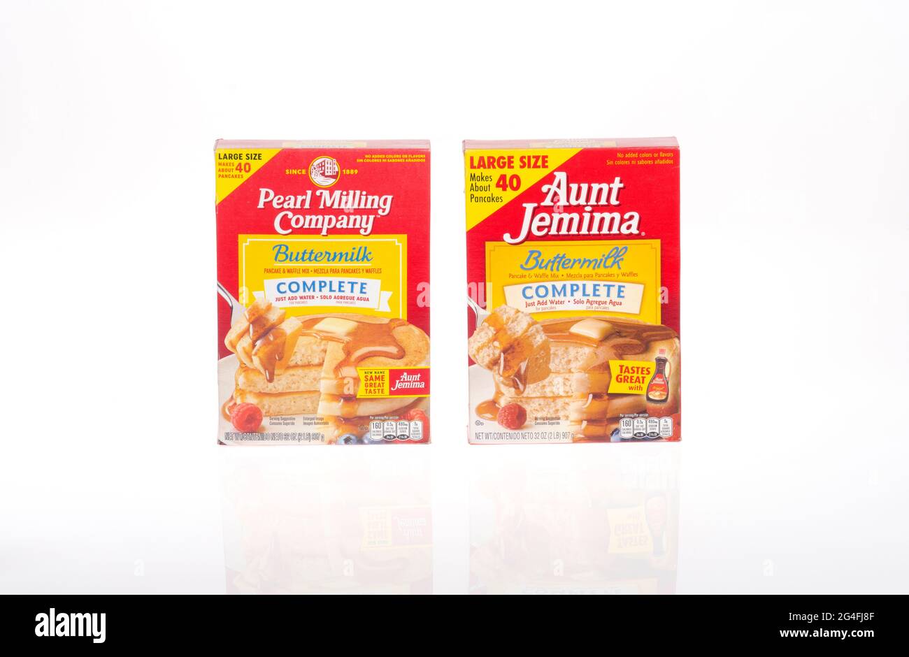 Cajas de mezcla de panqueque de Jemima y Perlas Foto de stock