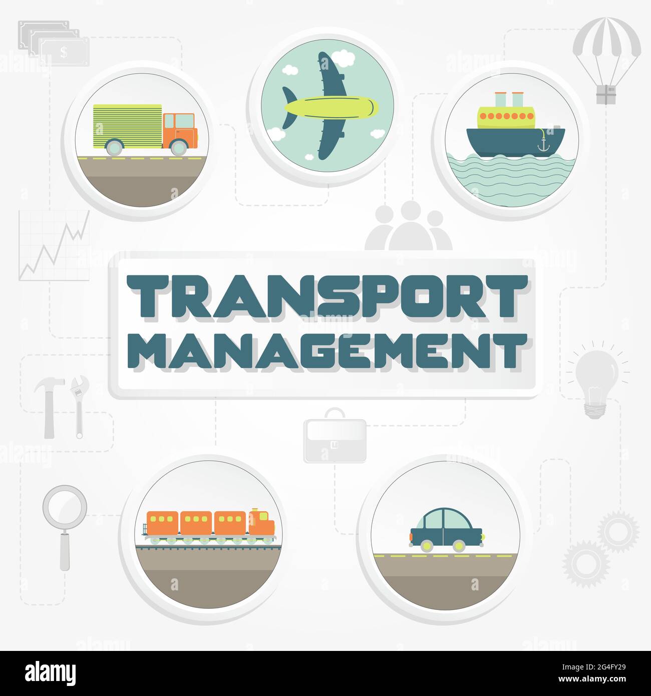 Frase de 'gestión de transporte', transporte (camión, coche, barco, avión y tren) y herramientas Ilustración del Vector