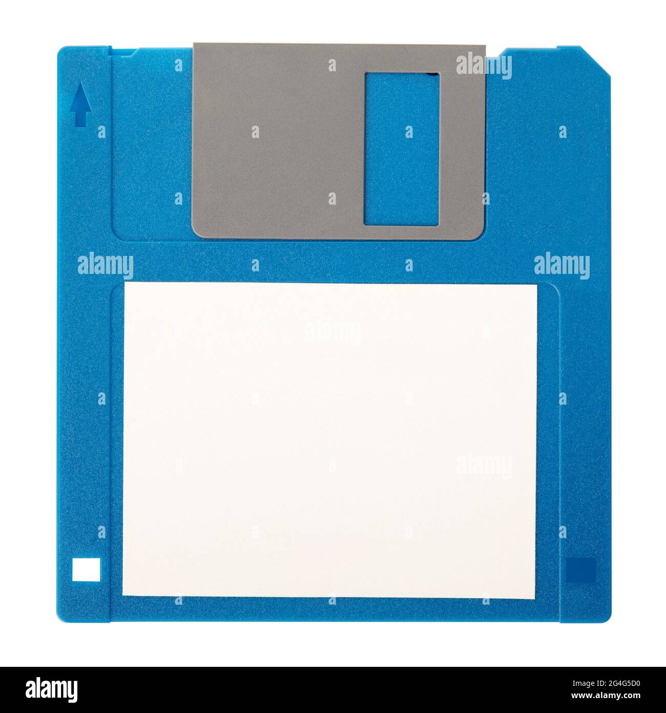 Disquete azul con etiqueta en blanco aislada sobre fondo blanco, ruta de recorte Foto de stock