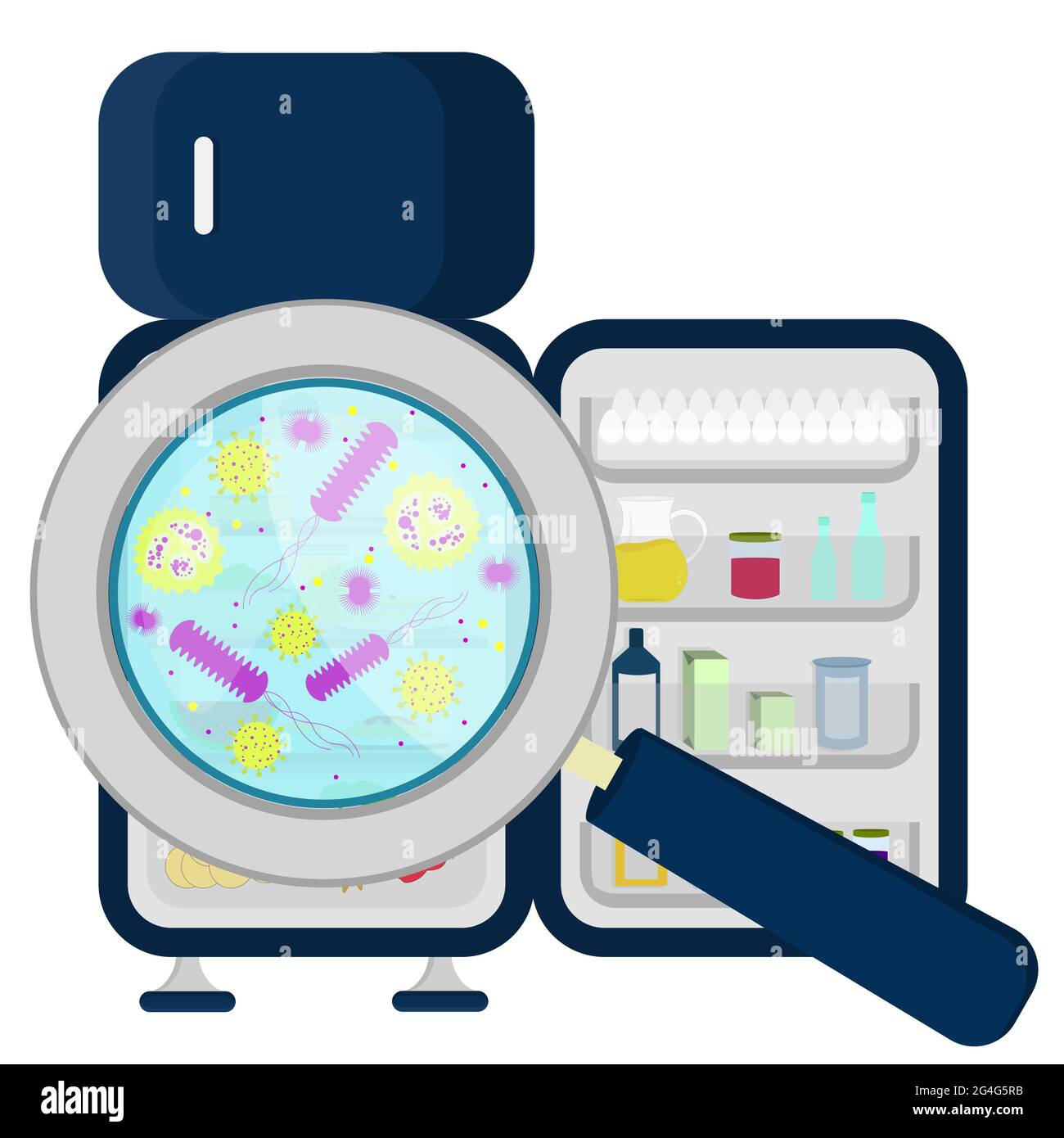 Microorganismos en el refrigerador abarrotado agrandados por una lupa Ilustración del Vector