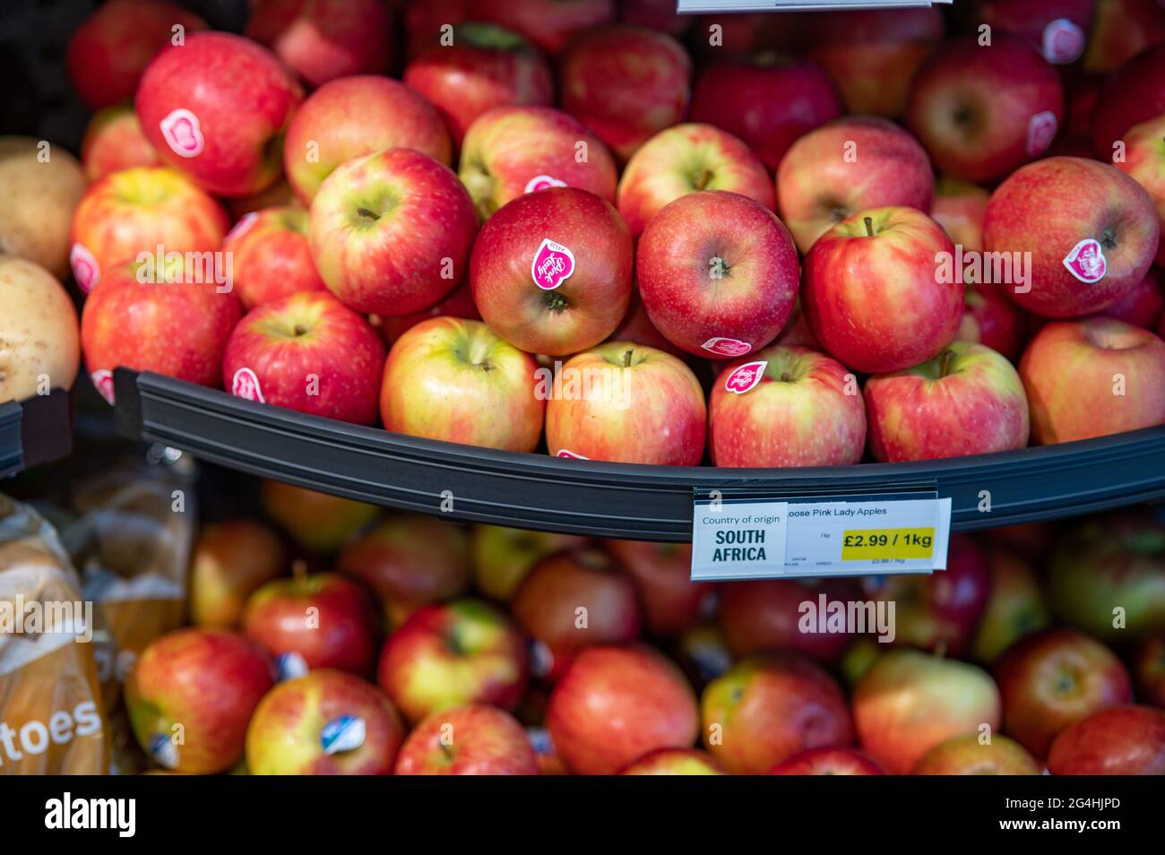 Manzanas de dama rosada a la venta en un supermercado Foto de stock