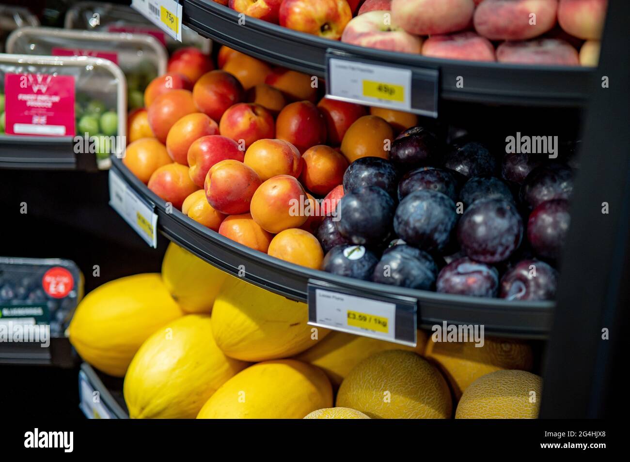 Variedad de frutas a la venta en un supermercado que incluye melocotones, ciruelas y pomelo Foto de stock