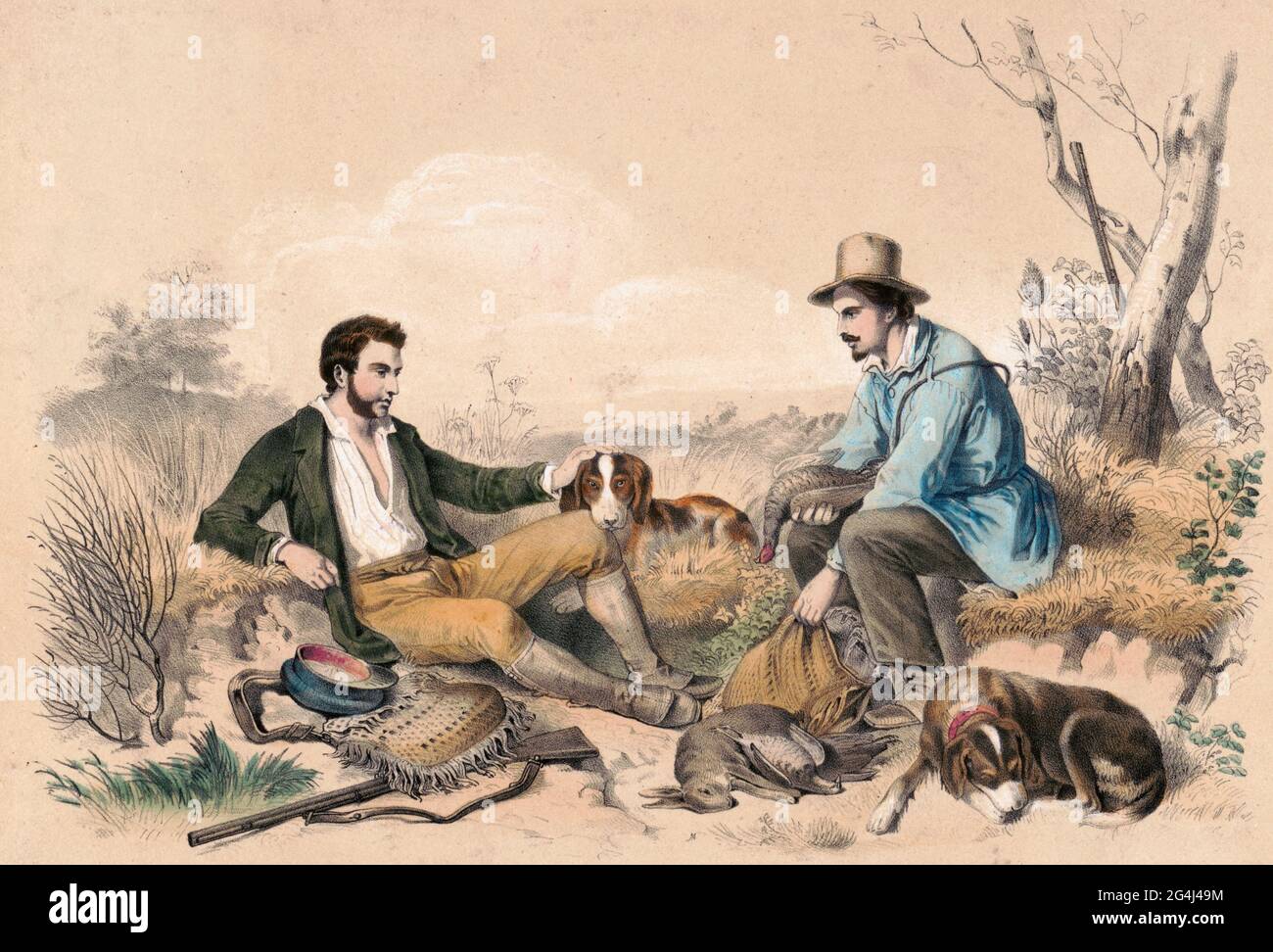 Dos cazadores y sus perros descansando después de cazar conejos y aves, alrededor de 1850 Foto de stock