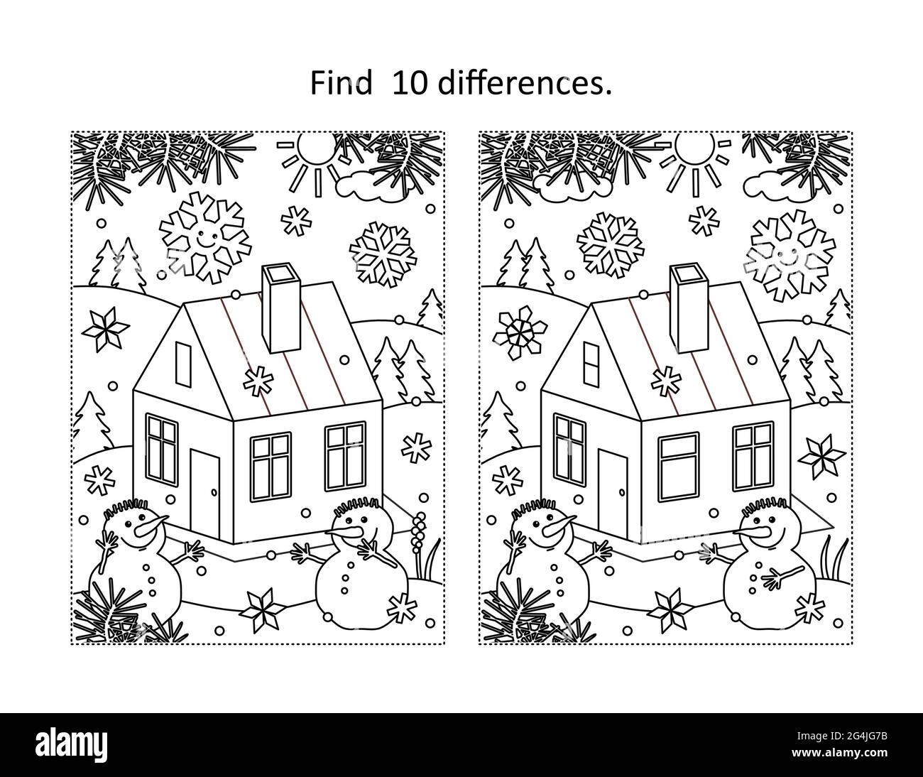Encuentra 10 diferencias visual puzzle y colorear página con cabina en  invierno con dos muñecos de nieve Imagen Vector de stock - Alamy
