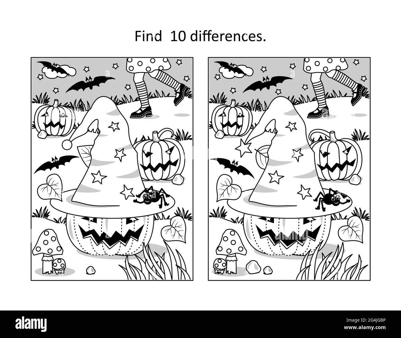 Halloween encontrar 10 diferencias visual rompecabezas y colorear página con la pequeña bruja persiguiendo su sombrero, calabazas, murciélagos, araña Ilustración del Vector