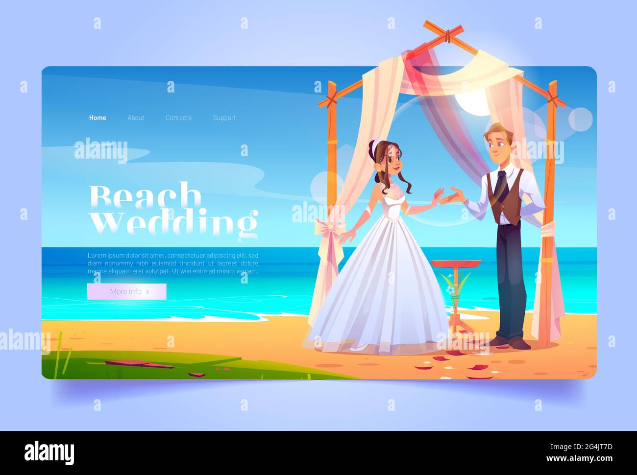 Página de aterrizaje de caricatura de la boda de la playa, novia y novio se casan bajo arco drapeado en la costa. Ceremonia de matrimonio, arco de bambú en la orilla de arena oceánica con pétalos de flores, banner web Vector Ilustración del Vector