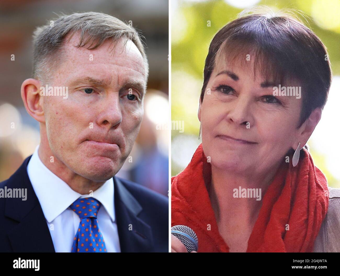 Archive fotos del (izquierda) diputado del Partido Laborista Chris Bryant y la diputada verde Caroline Lucas, que junto con cinco parlamentarios pedirán al Tribunal Superior que dé el visto bueno para una impugnación legal contra el Gobierno por su supuesto fracaso en investigar la posible interferencia rusa en las elecciones del Reino Unido. Fecha de emisión: Martes 22 de junio de 2021. Foto de stock