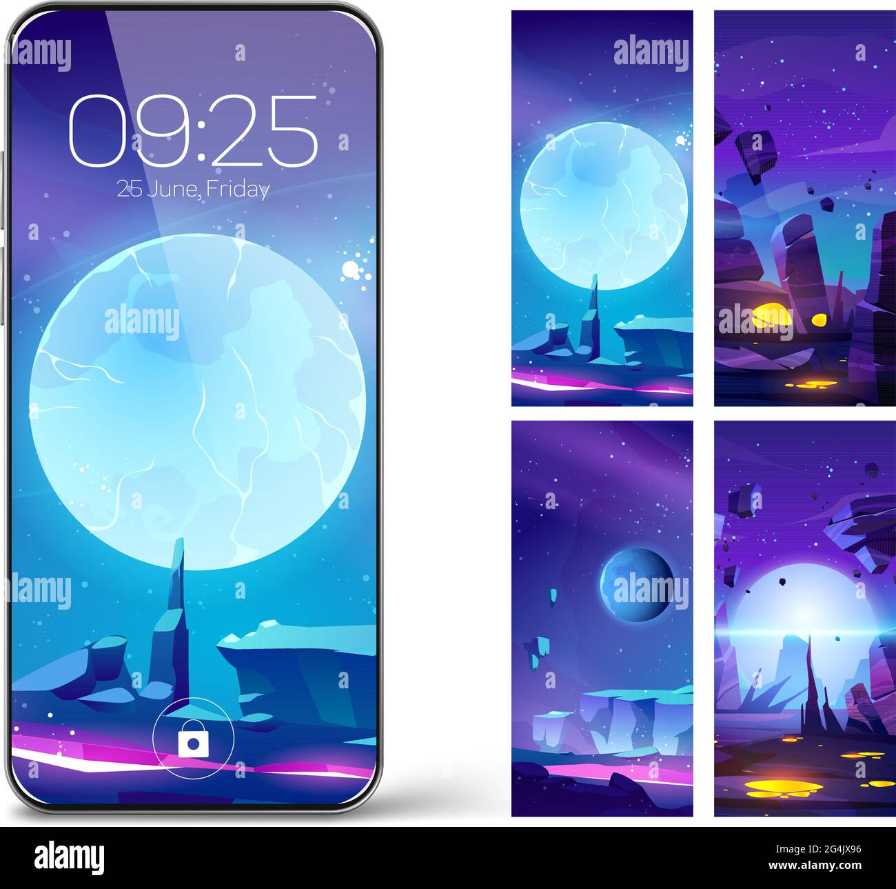 Pantalla de bloqueo de smartphone con espacio, planetas alienígenas  paisaje. Teléfono móvil a bordo página con fecha y hora, fondos de pantalla  cósmicos digitales de fondo para el dispositivo móvil, Cartoon interfaz
