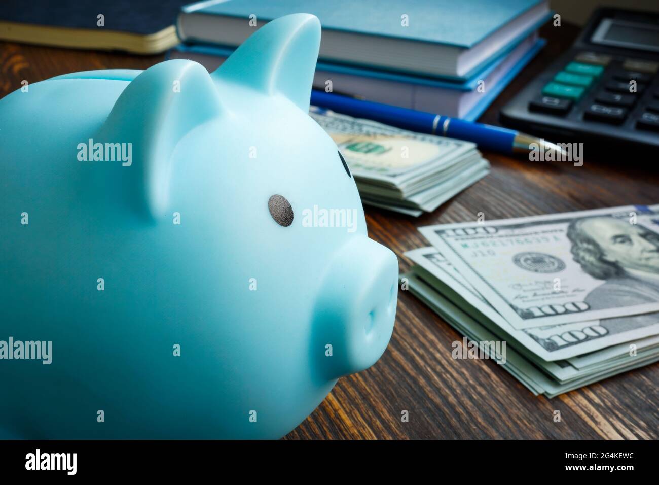 Concepto de ahorro personal en casa. Piggy banco, dinero y calculadora. Foto de stock