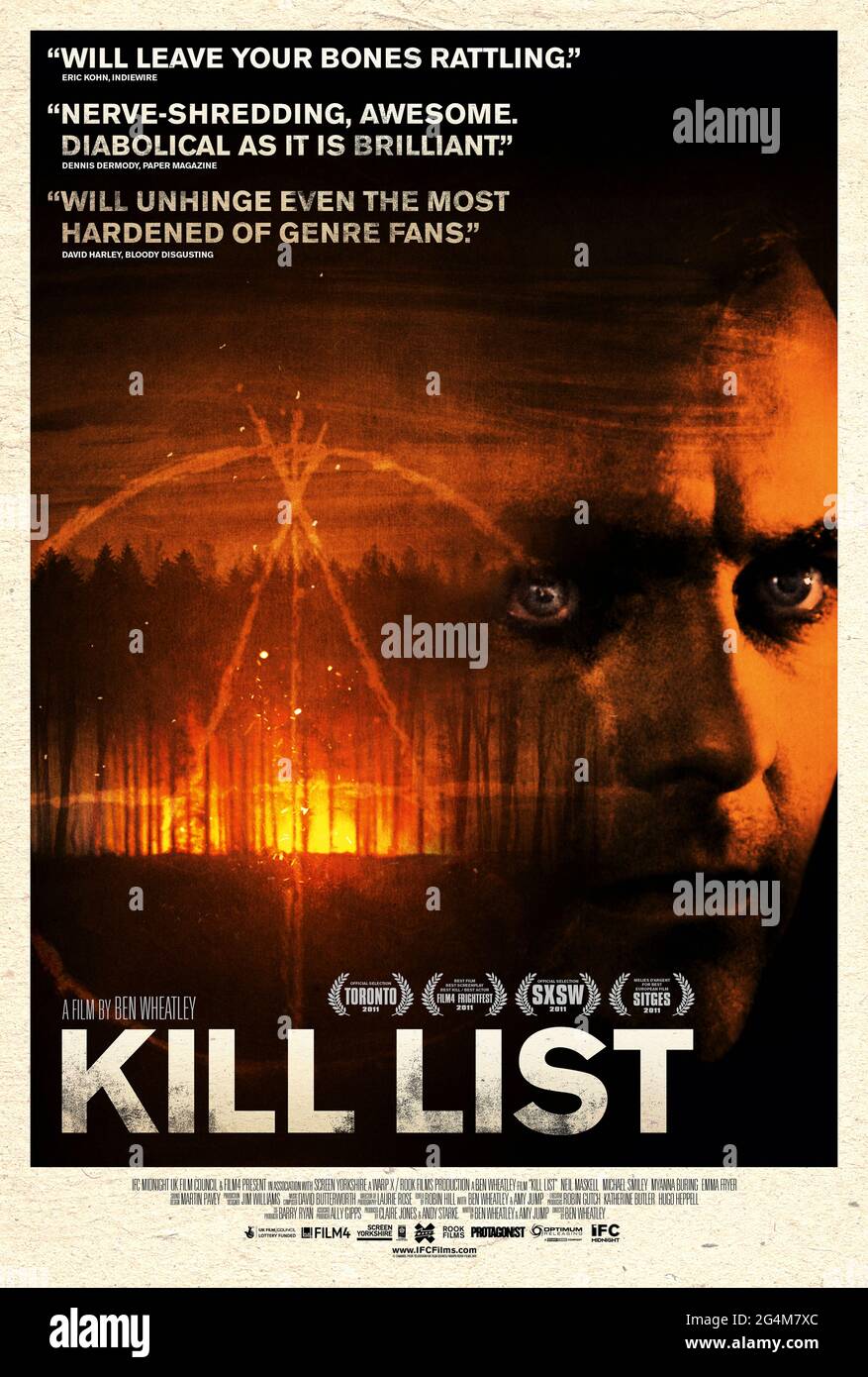Kill List (2011) dirigida por Ben Wheatley y protagonizada por Neil Maskell, MyAnna Buring y Harry Simpson. Un hitman asume una asignación lucrativa con consecuencias inesperadas y perturbadoras. Foto de stock