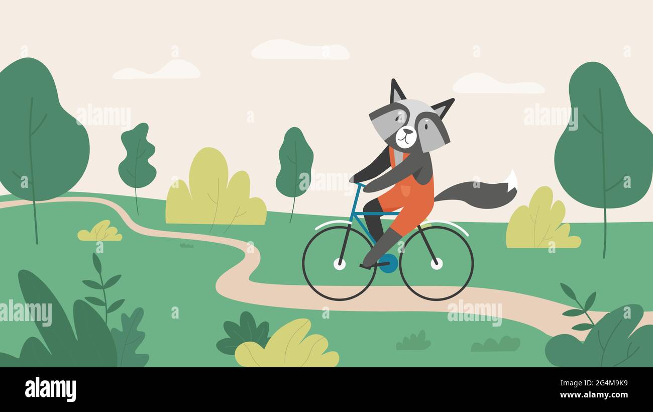 Mapache animales montando en bicicleta o en bicicleta en la carretera rural  del pueblo en verano verde paisaje ilustración vectorial. Dibujos animados  lindo mapache carácter en bicicleta, viajar en el fondo de