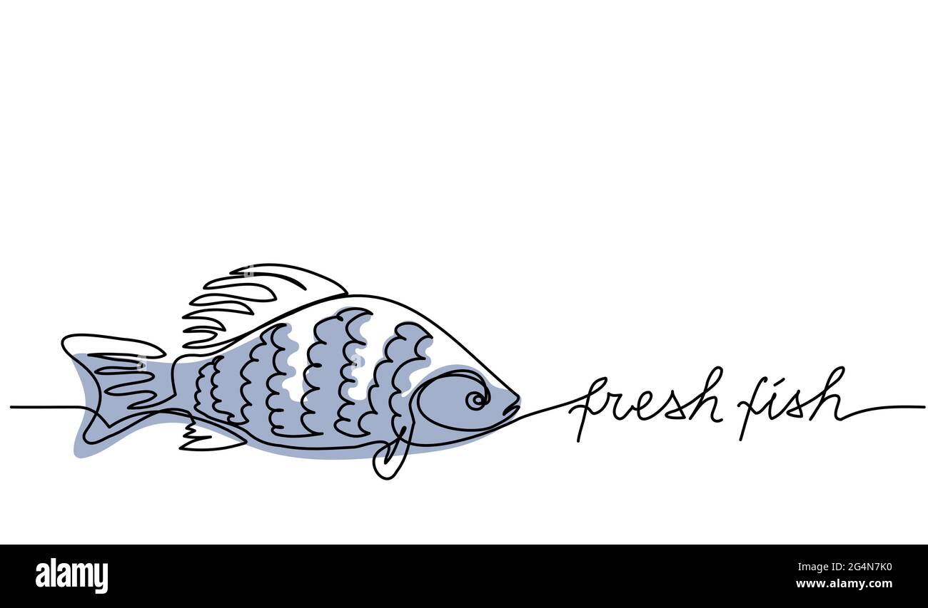 Pescado fresco simple vector de fondo, banner, cartel. Diseño de letrero, tienda o tienda. Una línea continua de dibujo de arte de pescado fresco Ilustración del Vector